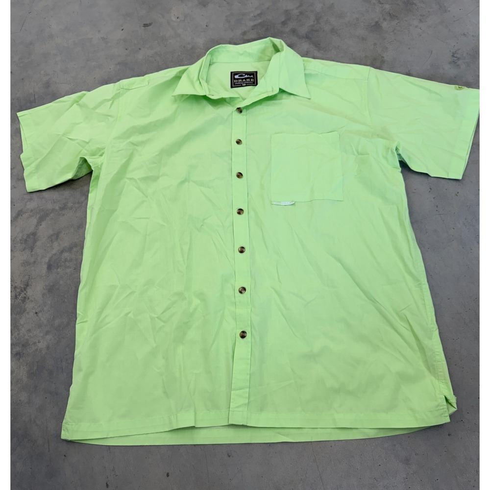 Drake Shirt Mens Large Light Lime Green Embroidered Logo Short Sleeve Button-Up